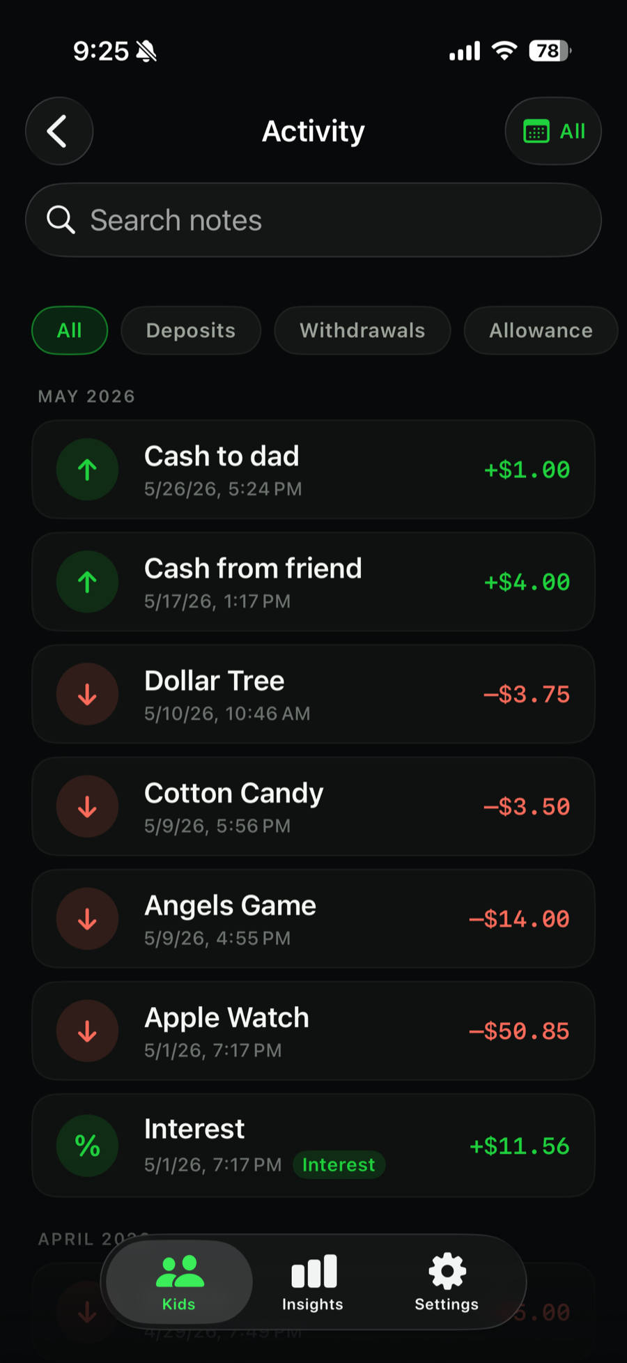 The Activity history screen in KidCash