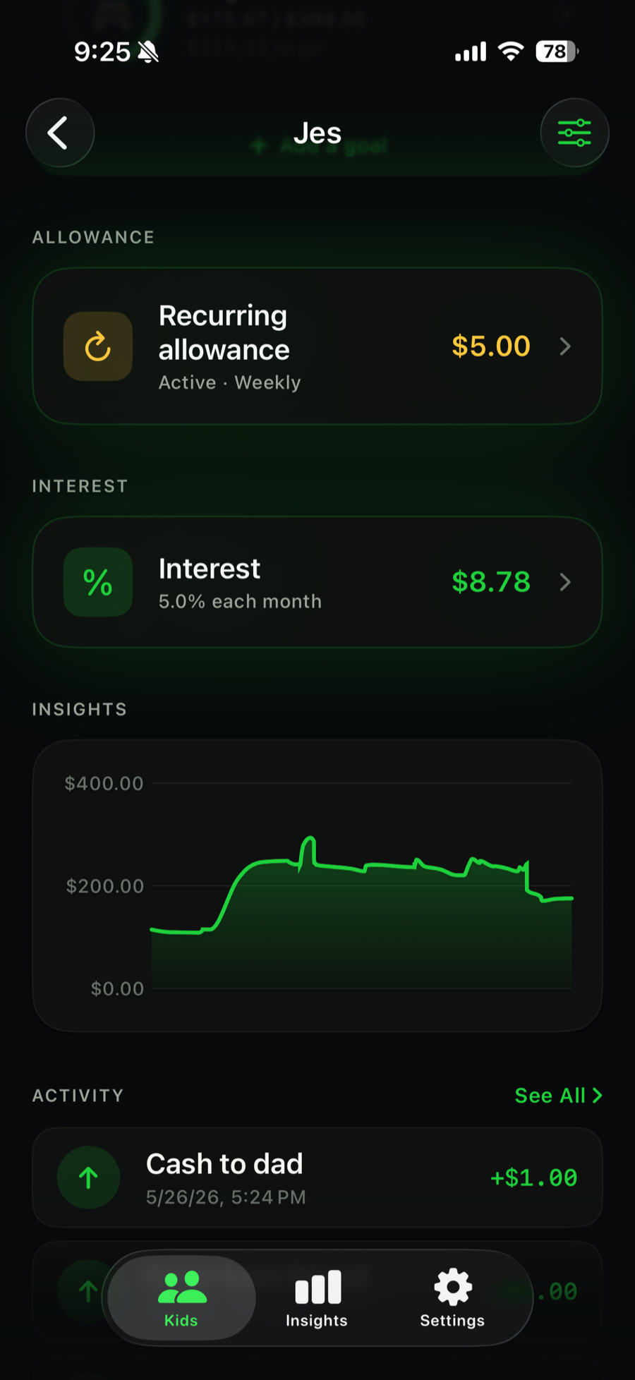The Allowance settings screen in KidCash