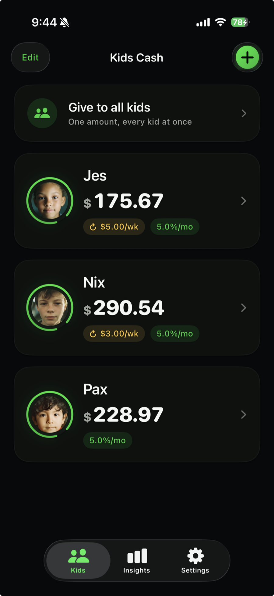 The Kids dashboard screen in KidCash