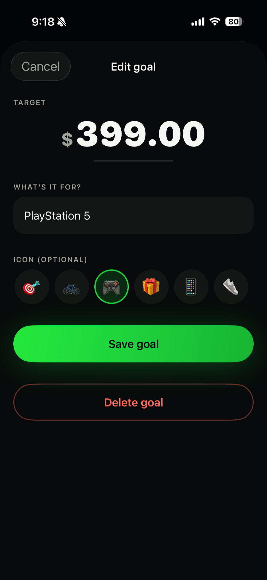 The Savings goal screen in KidCash
