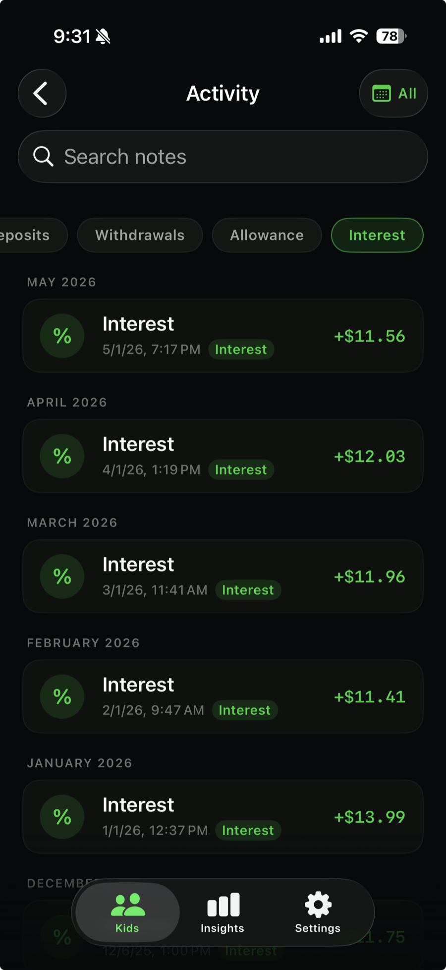 The Interest settings screen in KidCash