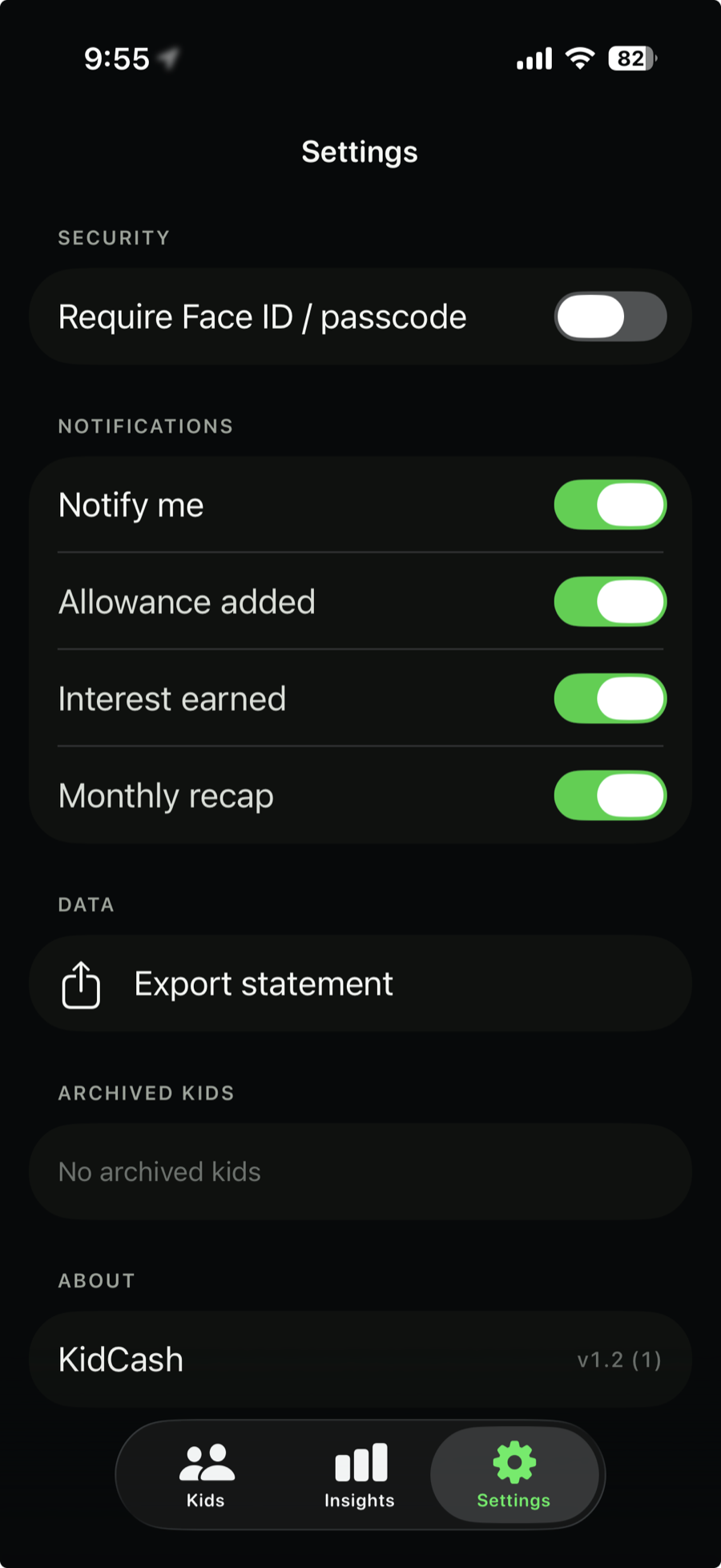 The Settings screen in KidCash